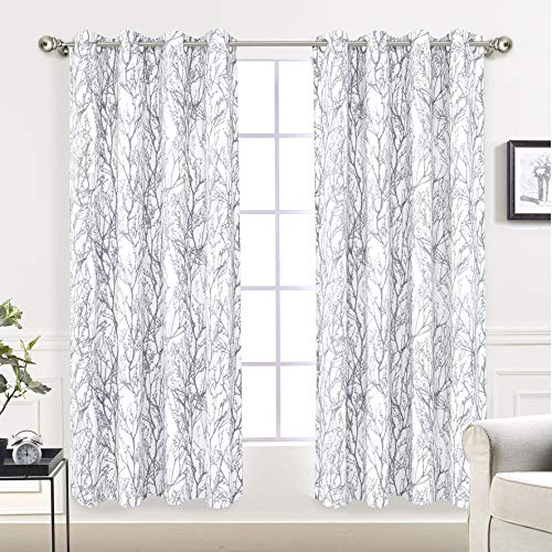 DriftAway Tree Branch Blackout Curtains Double Layer 63 Inches Long for Bedroom Printed Patterned Classic Thermal Insulated Summer Sound Lined Grommet Drapes for Living Room 2 Panels GrayWhite