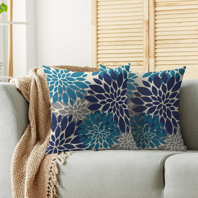Smozenith Smozenith Navy Blue Grey Gray Pillow Covers 20X20 Inch Set of 2  Summer Modern Geometry Dahlia Floral Print Decorative Throw Pillow Covers Outdoor Farmhouse Cushion Case for Couch Sofa Bed Decor  - Image 2