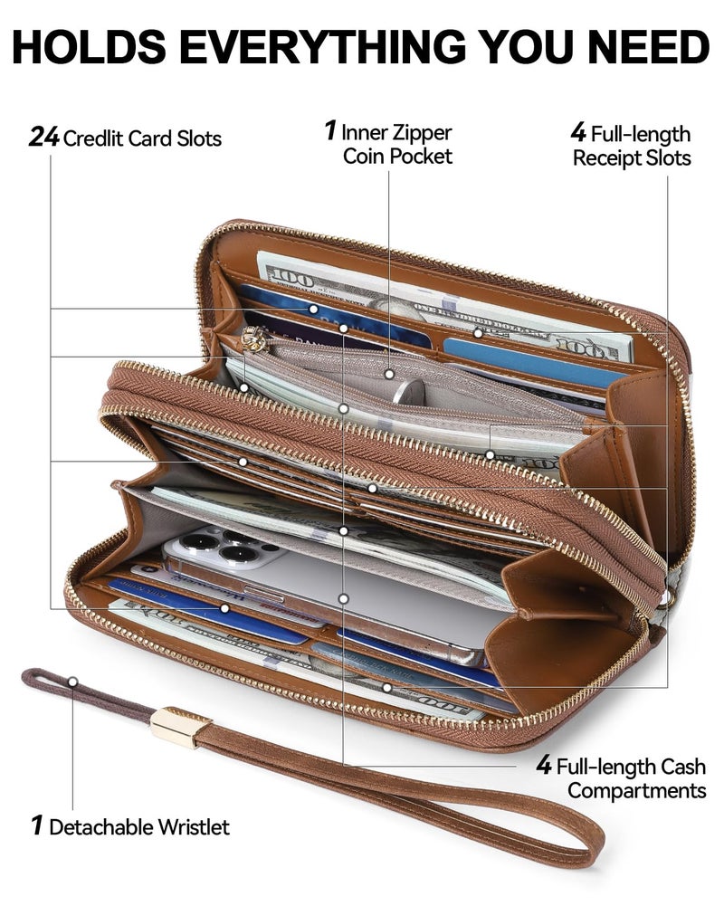 BOSTANTEN Wallets for Women Leather RFID Double Zipper Around Credit Card Holder Large Capacity Wristlet Clutch Wallet with Grip Hand Strap Beigeï¼†Brown - Image 2