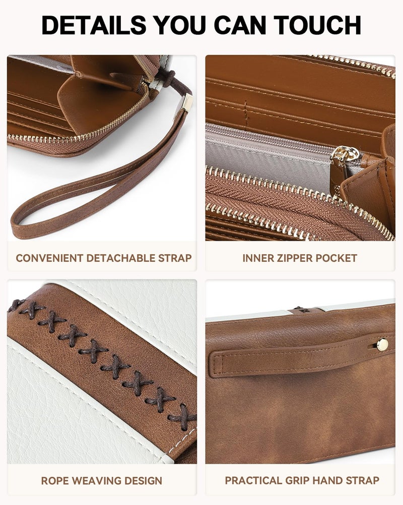 BOSTANTEN Wallets for Women Leather RFID Double Zipper Around Credit Card Holder Large Capacity Wristlet Clutch Wallet with Grip Hand Strap Beigeï¼†Brown - Image 3