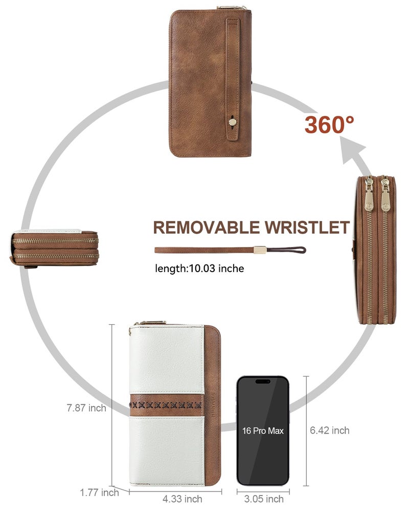 BOSTANTEN Wallets for Women Leather RFID Double Zipper Around Credit Card Holder Large Capacity Wristlet Clutch Wallet with Grip Hand Strap Beigeï¼†Brown - Image 4