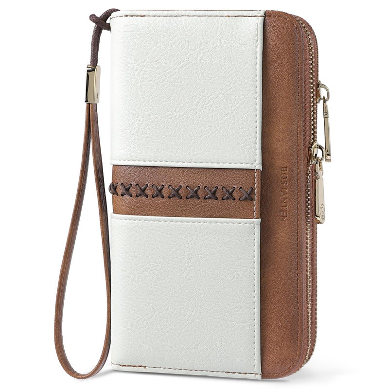 BOSTANTEN Wallets for Women Leather RFID Double Zipper Around Credit Card Holder Large Capacity Wristlet Clutch Wallet with Grip Hand Strap Beigeï¼†Brown - Image 1