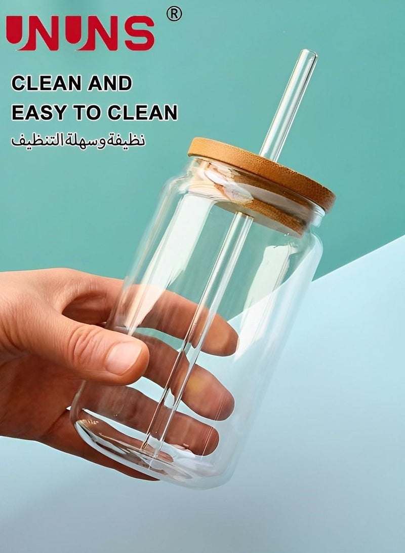 UNUNS طقم أكواب شرب، 4 عبوات سعة 16 أونصة على شكل علبة مع غطاء وقشة، أكواب بيرة، أكواب قهوة مثلجة، 2 فرشاة تنظيف، طقم أكواب سفر - Image 5