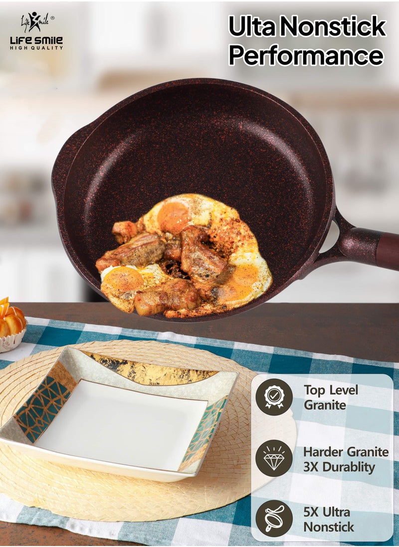 Life Smile - Frying Pan With Lid - 5 Layer Granite Coating Fry Pan | Multiple Hob Compatibility | Heat-Resistant Handle Hanging Loop | Induction bottom - Image 1