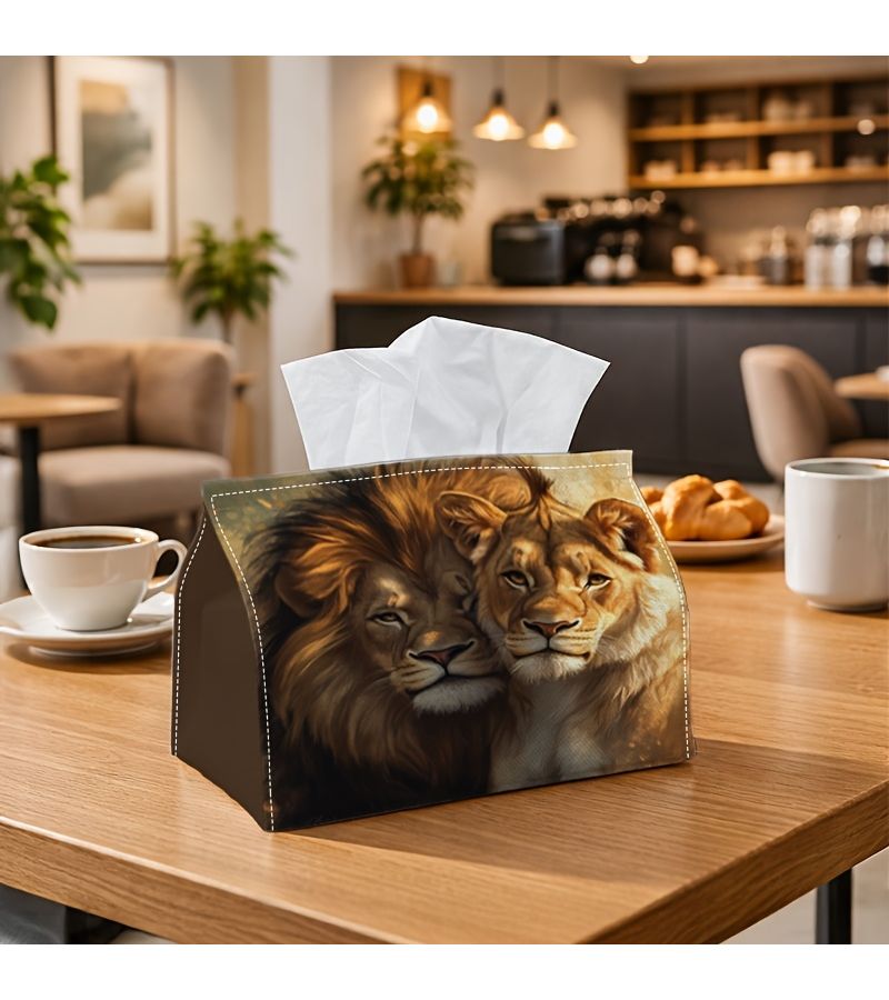 1pc 18cm X 13cm 7in X 5.1in Two Lions in Close Portrait Tissue Box Sophisticated Artistic Tissue Paper Holder for Office Decorative Napkin Case with Painting Rectangular Suitable for Living Room - Image 2