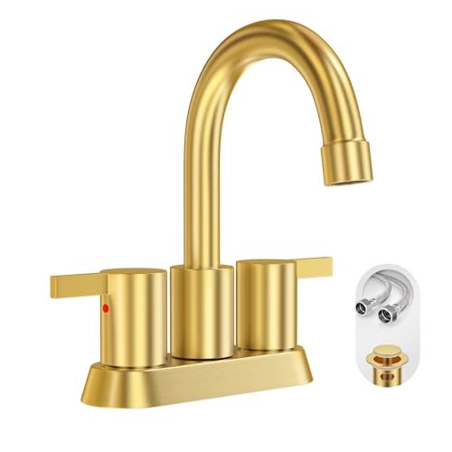 phiestina Brushed Gold 4 Inch 2 Handle Centerset Lead-Free Bathroom Faucet, Swivel Spout with Copper Pop Up Drain and 2 Water Supply Lines, BF015-1-BG - Image 1