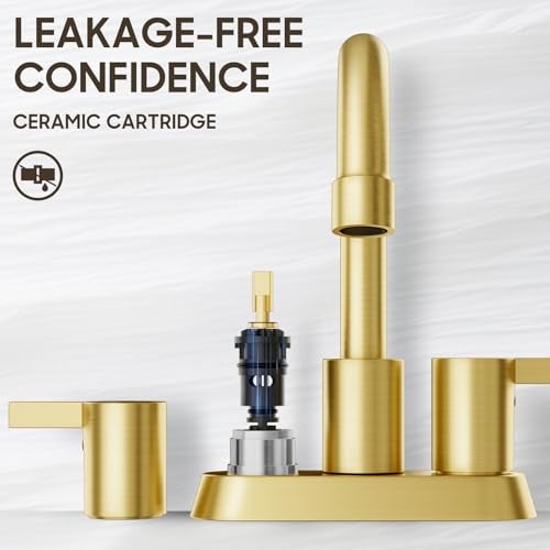 phiestina Brushed Gold 4 Inch 2 Handle Centerset Lead-Free Bathroom Faucet, Swivel Spout with Copper Pop Up Drain and 2 Water Supply Lines, BF015-1-BG - Image 4