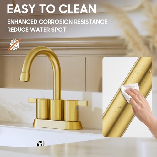 phiestina Brushed Gold 4 Inch 2 Handle Centerset Lead-Free Bathroom Faucet, Swivel Spout with Copper Pop Up Drain and 2 Water Supply Lines, BF015-1-BG - Image 5