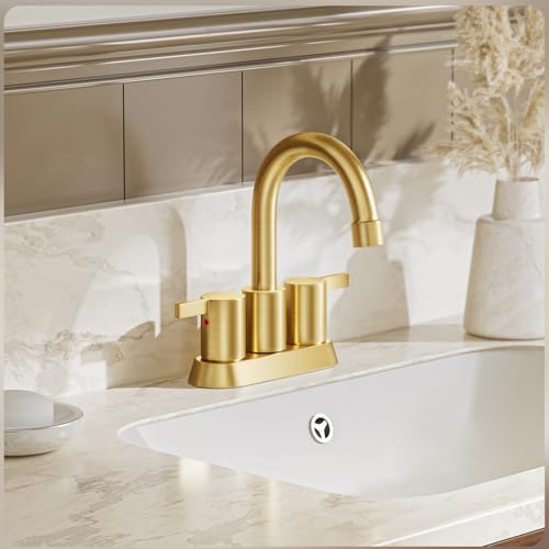phiestina Brushed Gold 4 Inch 2 Handle Centerset Lead-Free Bathroom Faucet, Swivel Spout with Copper Pop Up Drain and 2 Water Supply Lines, BF015-1-BG - Image 2