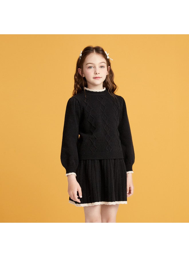DEESHA Lace High-neck Set】25 Autumn/winter Girls' Cable Knit Dress Two-piece Set For Children - Image 2