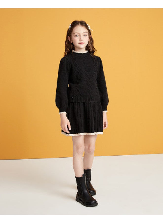 DEESHA Lace High-neck Set】25 Autumn/winter Girls' Cable Knit Dress Two-piece Set For Children - Image 1