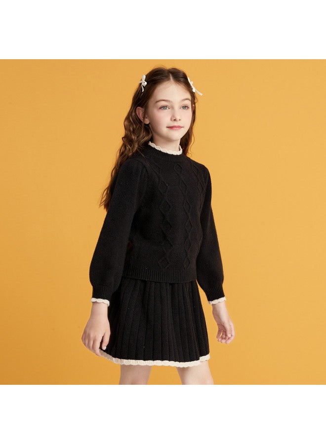 DEESHA Lace High-neck Set】25 Autumn/winter Girls' Cable Knit Dress Two-piece Set For Children - Image 4