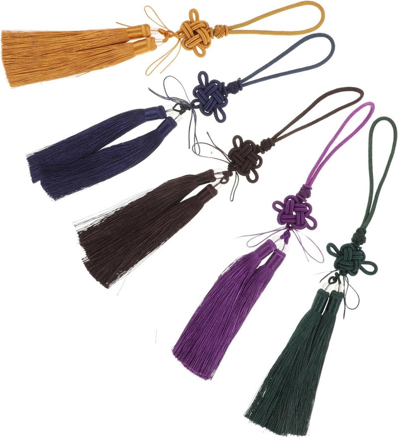 5pcs Chinese Martial Arts Sword Tassel Pendant, Traditional Sword Tassels in Mixed Coffee, Navy, Dark Green, Deep Purple, and Earth Yellow, Traditional Chinese Knot Ornaments - Image 1