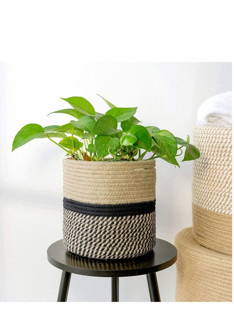 Excefore Sturdy Jute Rope Plant Basket Modern Woven Basket up 7.8 Inch Flower Pot, Storage Organizer Basket Rustic Home Decor, Black Stripes  - Image 1