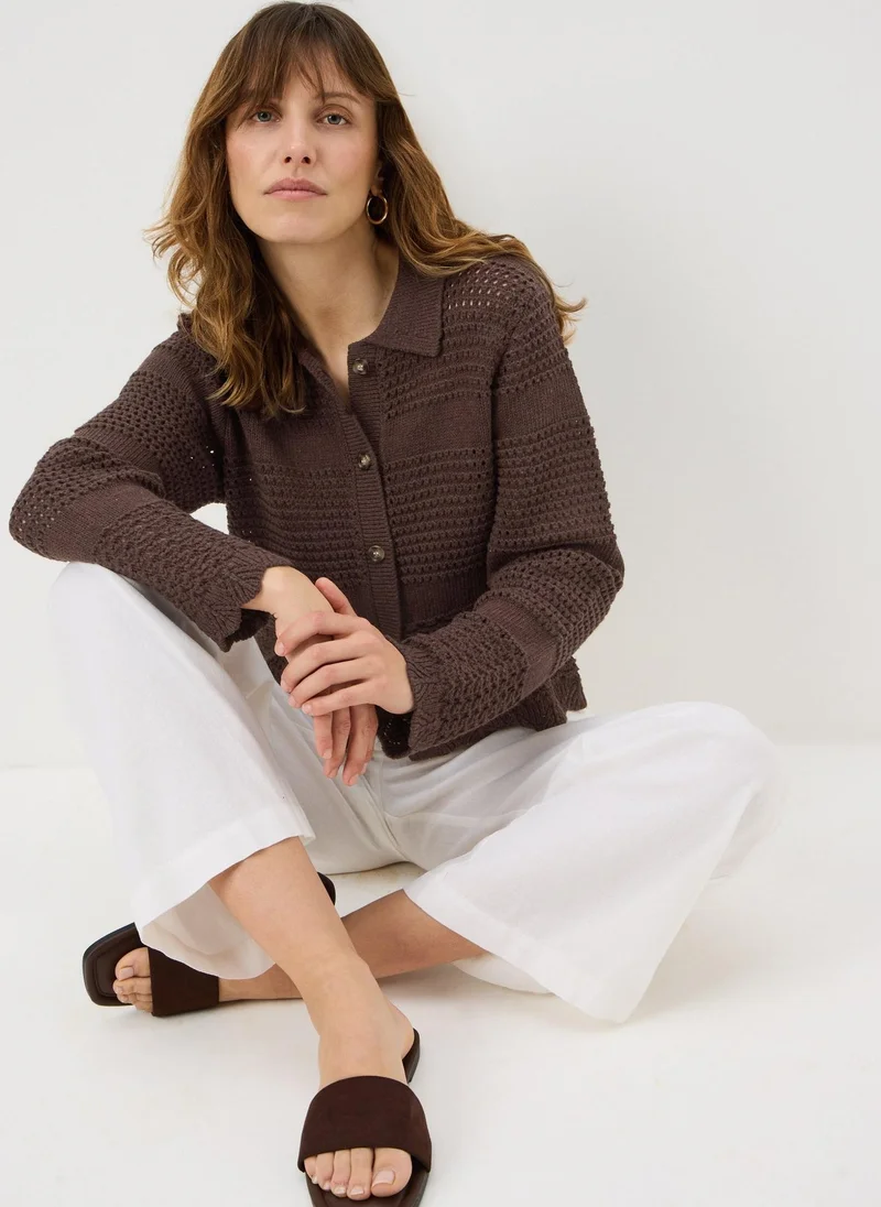 ماتلان Chocolate Brown Crochet Collar Cardigan
