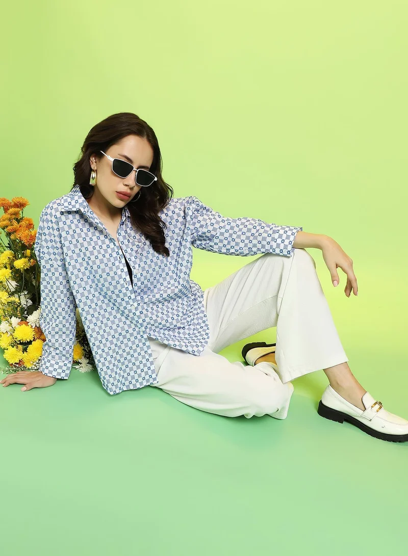 Pinacolada Chalk White:Prussian Blue Women's Chalk White:Prussian Blue Embroidered-Check Oversized Shirt for Women | Best Price UAE