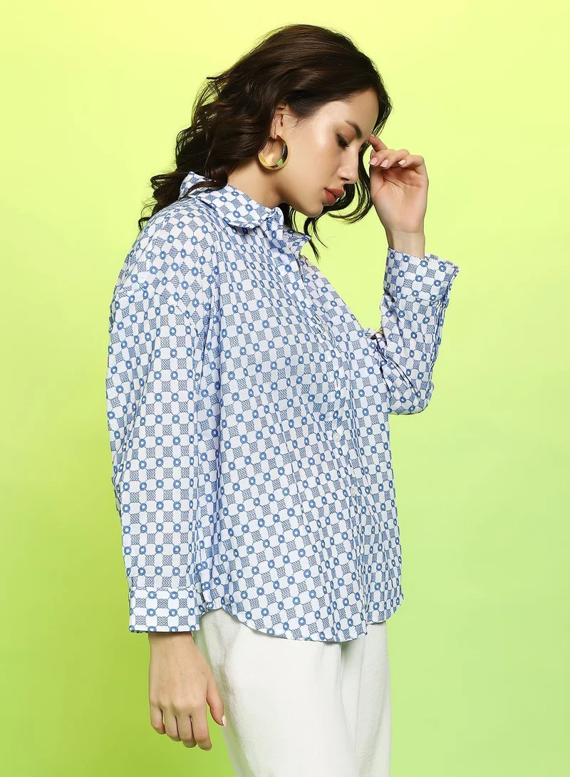 Pinacolada Chalk White:Prussian Blue Women's Chalk White:Prussian Blue Embroidered-Check Oversized Shirt for Women | Best Price UAE