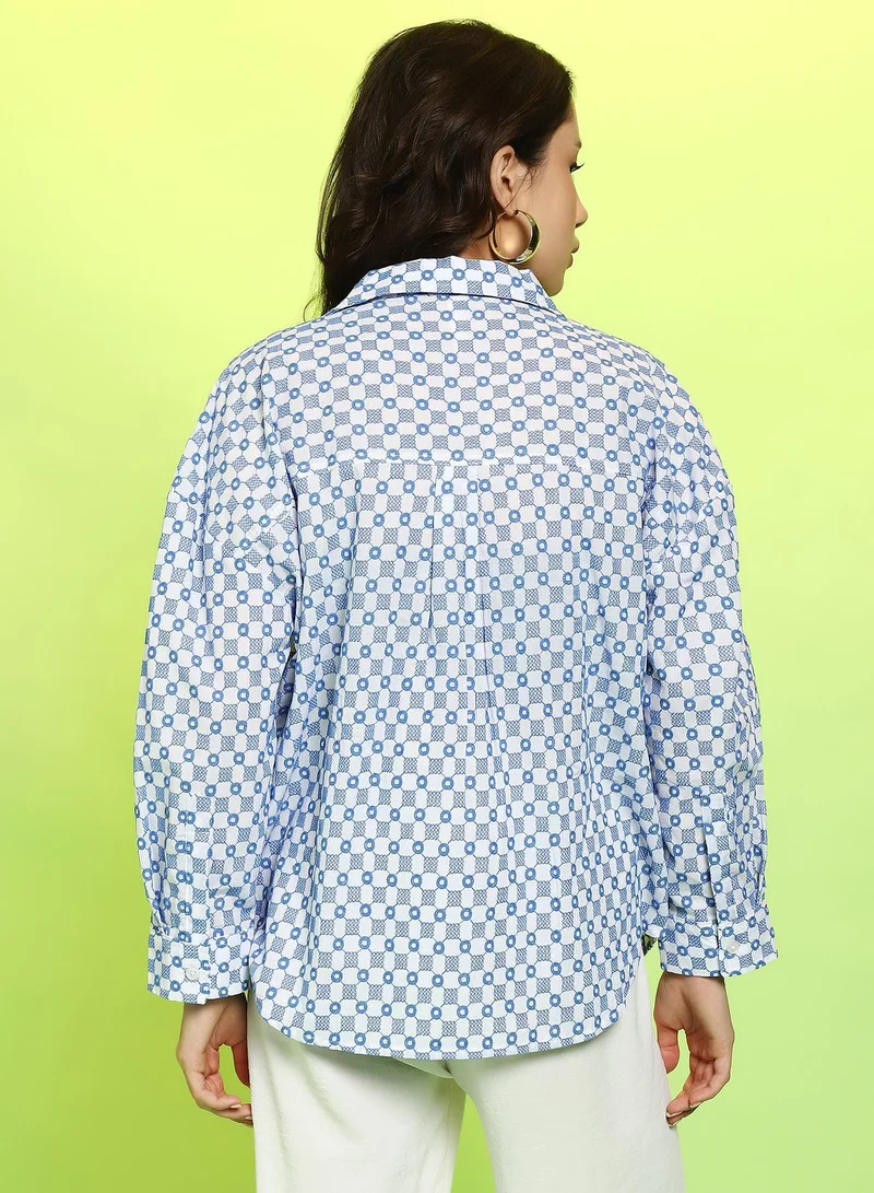 Pinacolada Chalk White:Prussian Blue Women's Chalk White:Prussian Blue Embroidered-Check Oversized Shirt for Women | Best Price UAE