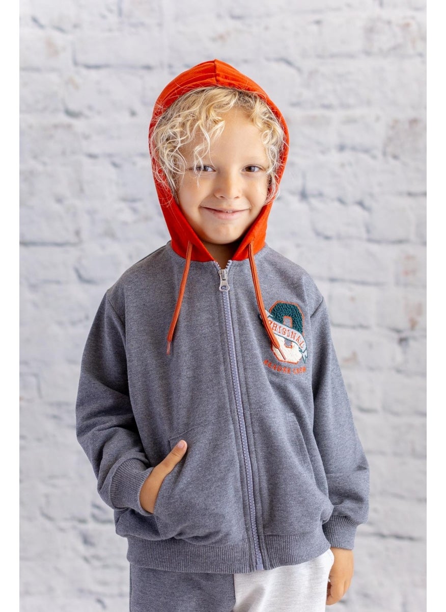 Mininio Boy's Embroidered Detailed Hooded Jacket - Anthracite Melange  - Image 1