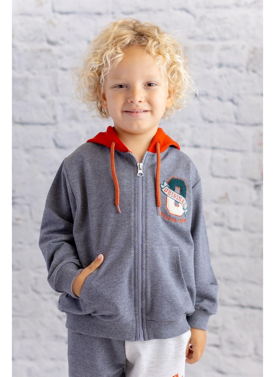Mininio Boy's Embroidered Detailed Hooded Jacket - Anthracite Melange  - Image 2