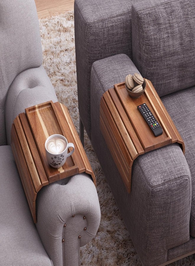 Danfoxer Sofa Arm Tray,Acacia Wood Folding Couch Arm Tray,Sofa Armrest Trays with Anti-Slip Pad for Drinks,Snacks,Phone,Remote Control 2 PC - Image 2