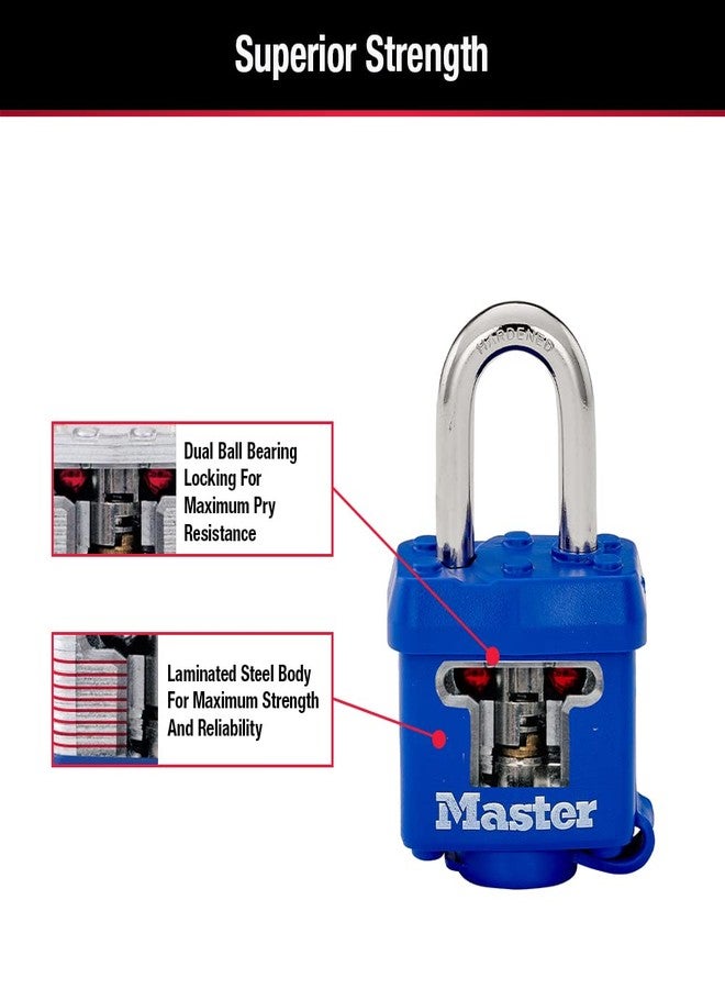Master Lock 312TRI Laminated Padlock with Key & Thermoplastic Shell, Blue, Pack of 3 Keyed-Alike, 1-9/16-inch - Image 5