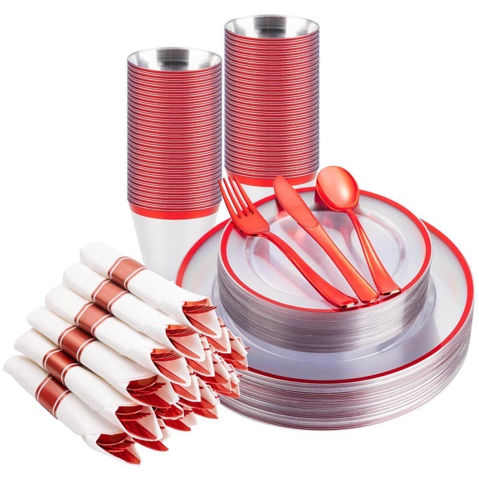 175PCS CLEAR AND RED DISPOSABLE PLATES SET FOR 25 GUESTS 50 PLASTIC PLATES 25 CUPS 25 PREROLLED NAPKINS WITH PLASTIC CUTLERY FOR PARTY BIRTHDAY THANKSGIVING HALLOWEEN CHRISTMAS