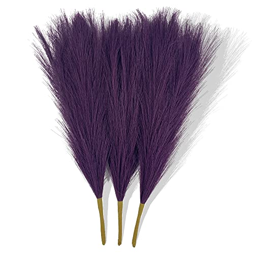 Acfruits Faux Pampas Grass Artificial Pampas Grass Fluffy 3 Pcs Dark Purple Pompous Grass Flower Arrangement and Vase Filler for Boho Home Wedding Decoration