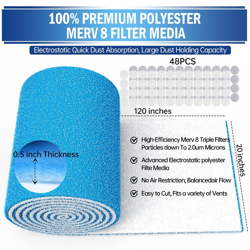 UBeesize Air Vent Filters, 20" x 120" Cut to Size Air Filter Material (80+ Filters), MERV 8 Triple Vent Filter Kit for Home Floor, Grilles, Ceiling, HVAC Furnace Vents, With 48PCs Adhesive Hook Tape - Image 2
