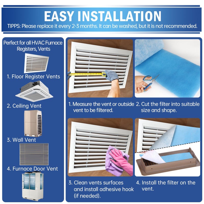 UBeesize Air Vent Filters, 20" x 120" Cut to Size Air Filter Material (80+ Filters), MERV 8 Triple Vent Filter Kit for Home Floor, Grilles, Ceiling, HVAC Furnace Vents, With 48PCs Adhesive Hook Tape - Image 5