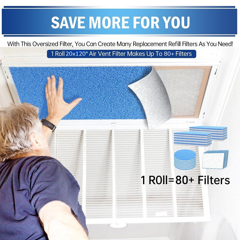UBeesize Air Vent Filters, 20" x 120" Cut to Size Air Filter Material (80+ Filters), MERV 8 Triple Vent Filter Kit for Home Floor, Grilles, Ceiling, HVAC Furnace Vents, With 48PCs Adhesive Hook Tape - Image 4