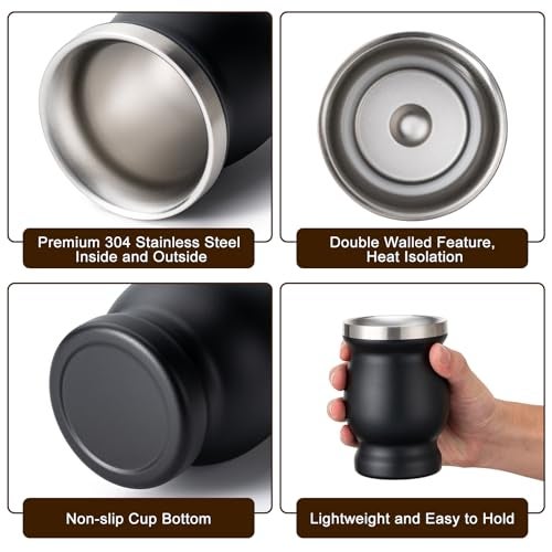 Husfunov 8oz Yerba Mate Cup, 304 Stainless Steel Double-Wall Mate Cup, Heat Insulation Yerba Mate Gourd, Tea Cup Set Includes Cleaning Brush & 2 Bombillas (Black) - Image 3