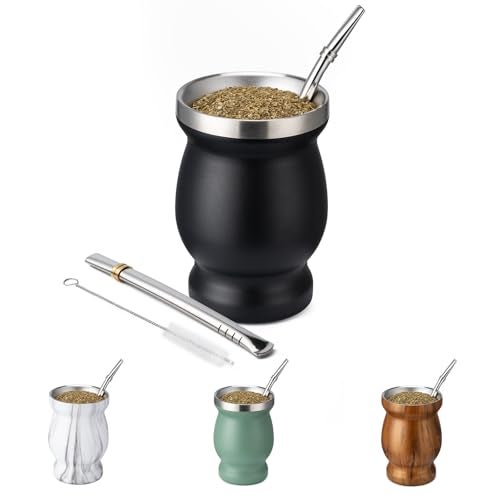 Husfunov 8oz Yerba Mate Cup, 304 Stainless Steel Double-Wall Mate Cup, Heat Insulation Yerba Mate Gourd, Tea Cup Set Includes Cleaning Brush & 2 Bombillas (Black) - Image 1