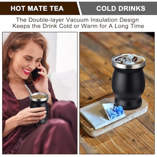 Husfunov 8oz Yerba Mate Cup, 304 Stainless Steel Double-Wall Mate Cup, Heat Insulation Yerba Mate Gourd, Tea Cup Set Includes Cleaning Brush & 2 Bombillas (Black) - Image 4