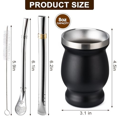 Husfunov 8oz Yerba Mate Cup, 304 Stainless Steel Double-Wall Mate Cup, Heat Insulation Yerba Mate Gourd, Tea Cup Set Includes Cleaning Brush & 2 Bombillas (Black) - Image 2