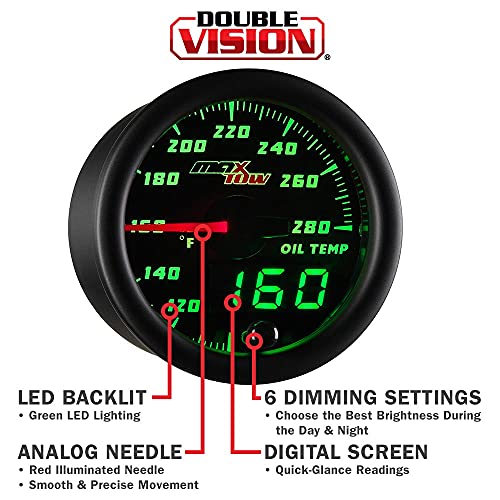 MaxTow Double Vision 280 F Oil Temperature Gauge Kit - Includes Electronic Sensor - Black Gauge Face - Green LED Illuminated Dial - Analog & Digital Readouts - for Trucks - 2-1/16" 52mm - Image 4