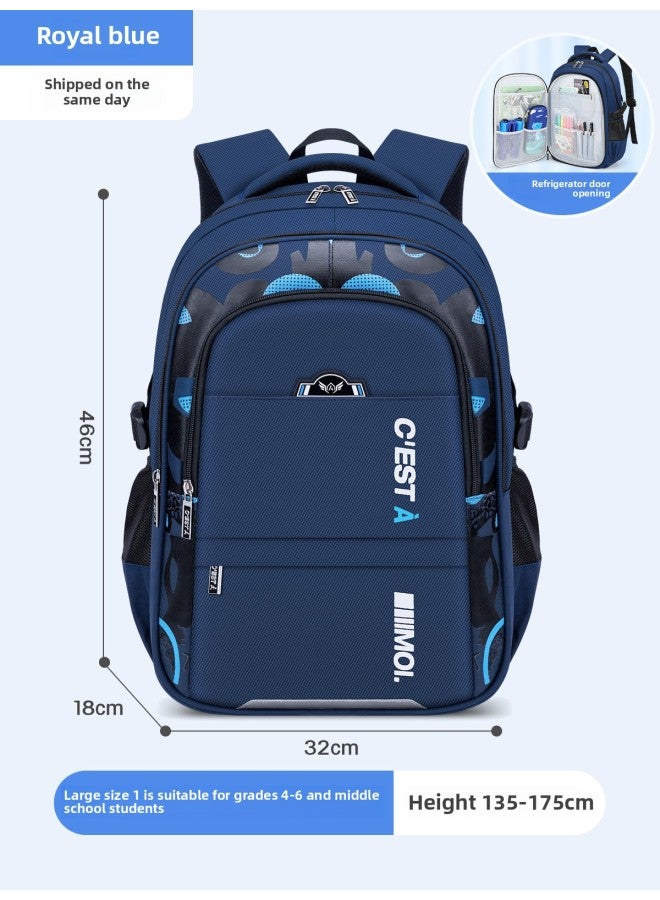 Leather Backpack For Primary School Students Embroidered School Logo Name Tag-Color: Large Sapphire Blue (grade 4-6, Middle School Students)-Size:Schoolbag + Stationery Box - Image 1