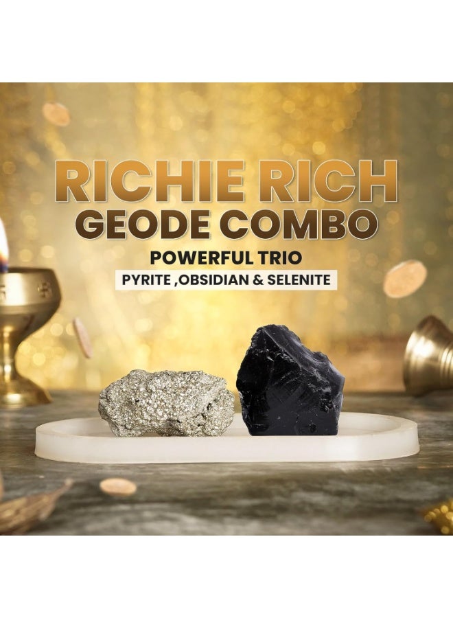 Studd Muffyn | Richie Rich Geode Combo with Selenite Plate | Pyrite Geode | Obsidian Geode | Selenite Plate | Attract Wealth and Prosperity | Shield Against Negativity - Image 2