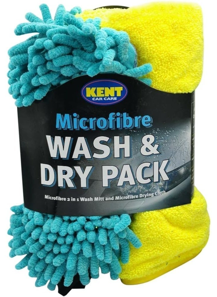 KENT Microfiber Wash & Dry Car Care Kit – 2-Piece Car Cleaning Set with Noodle Microfiber Wash Mitt Glove and Microfiber Drying Towel, Scratch-Free Car Wash Accessories for Exterior & Interior Cleaning - Image 1