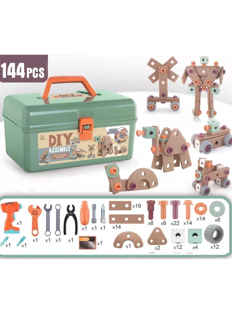 144PCS مجموعة أدوات الأطفال مع الحفر الكهربائي مجموعة أدوات الطفل الصغير تتظاهر باللعب مجموعة أدوات البناء للفتيان والبنات ، مجموعة أدوات الطاقة للأطفال مع صندوق الأدوات - Image 2