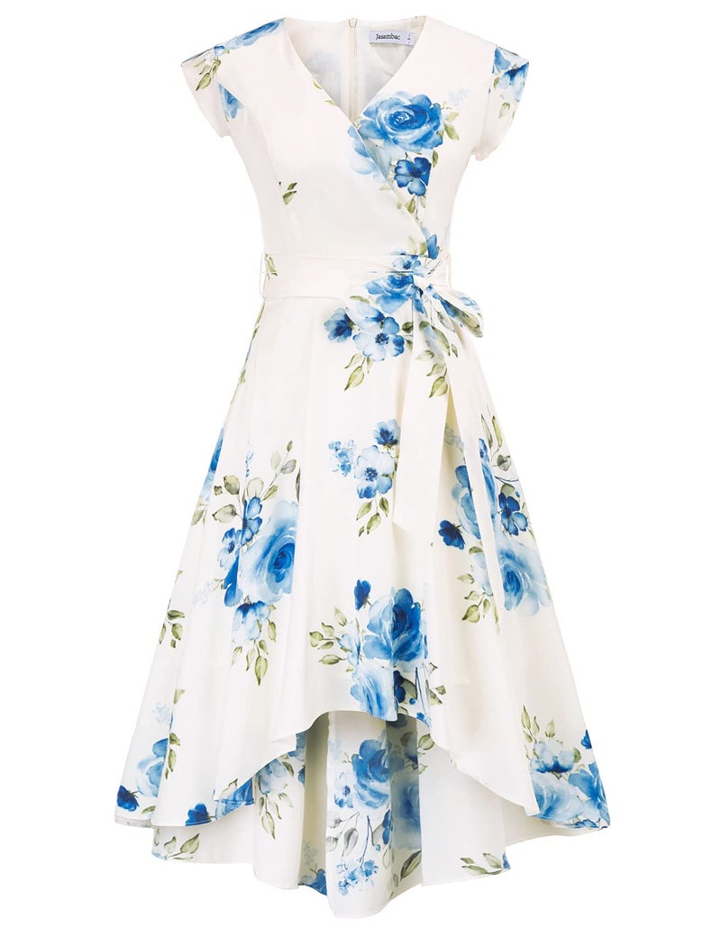 JASAMBAC Womens Summer Wrap Maxi Bohemian Dress Floral High Low Bridal Shower Evening Wedding Guest Dress Floral Blue L - Image 1
