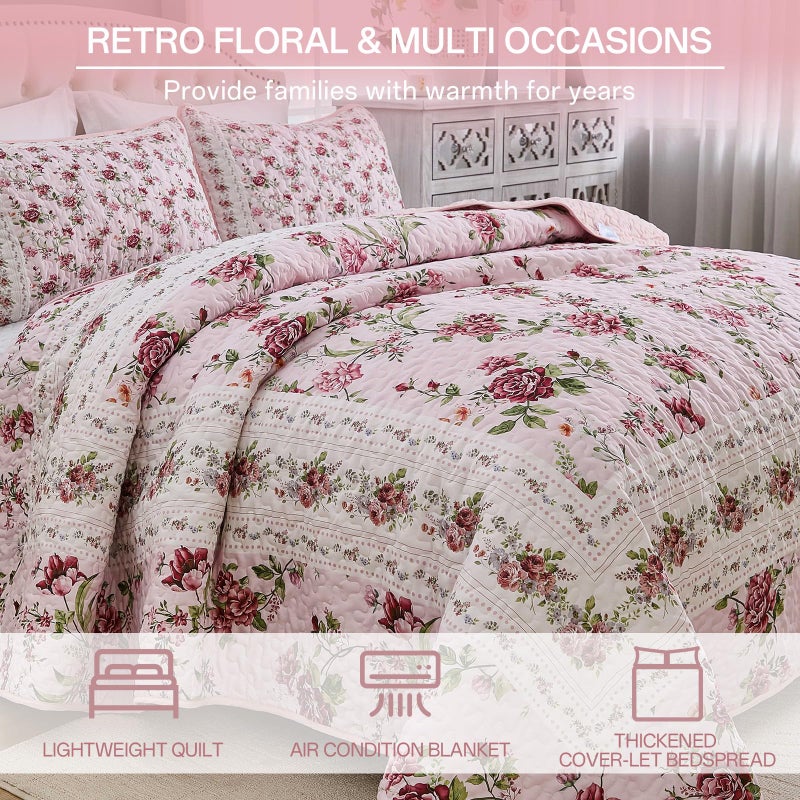 Xruibed Floral Quilt Set King Size, 3PCs Antique Rose Pink Bedspread Coverlet Set, Lightweight Soft Microfiber Pink Quilt Set with 2 Pillowcases for All Season (King Size 110"x90") - Image 3