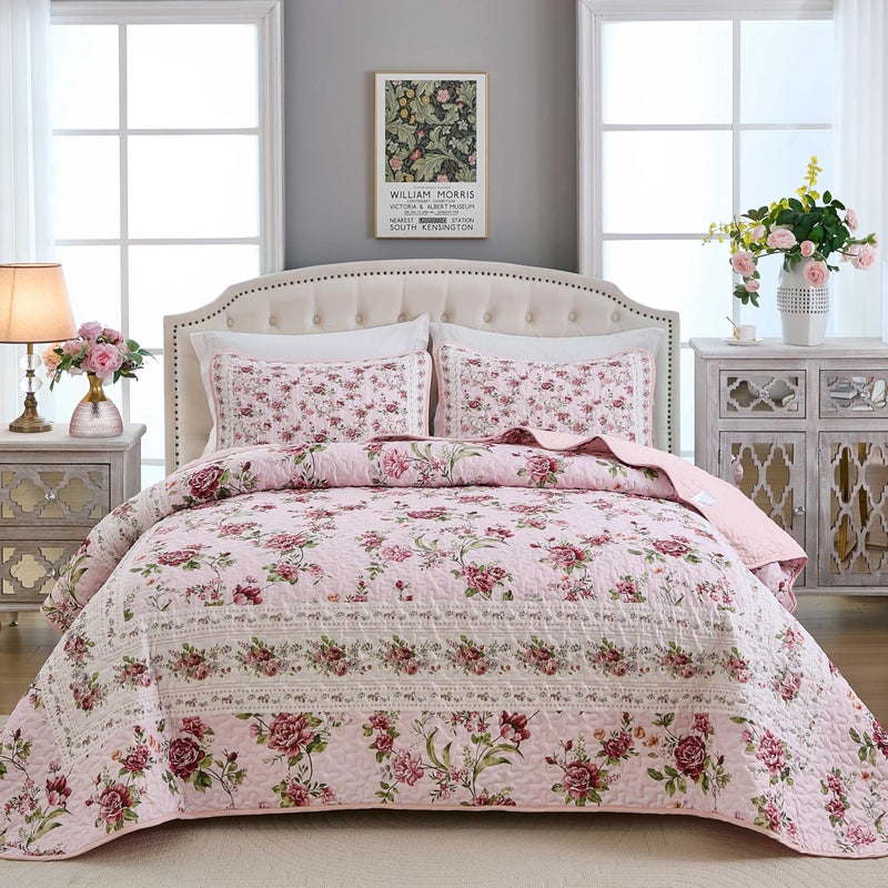 Xruibed Floral Quilt Set King Size, 3PCs Antique Rose Pink Bedspread Coverlet Set, Lightweight Soft Microfiber Pink Quilt Set with 2 Pillowcases for All Season (King Size 110"x90") - Image 1