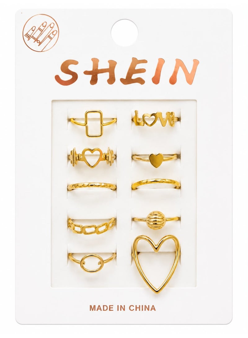 Shein Women’s 10-Piece Ring Set – Trendy Stainless Steel Rings with Gold Color Finish – Minimalist Fashion Jewelry - Image 2