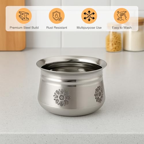 Expresso Stainless Steel Laser Kanchi Dahi Handi | Temple Handi, Cookware & Serveware | Without Handle & Lid 700ml - Image 4