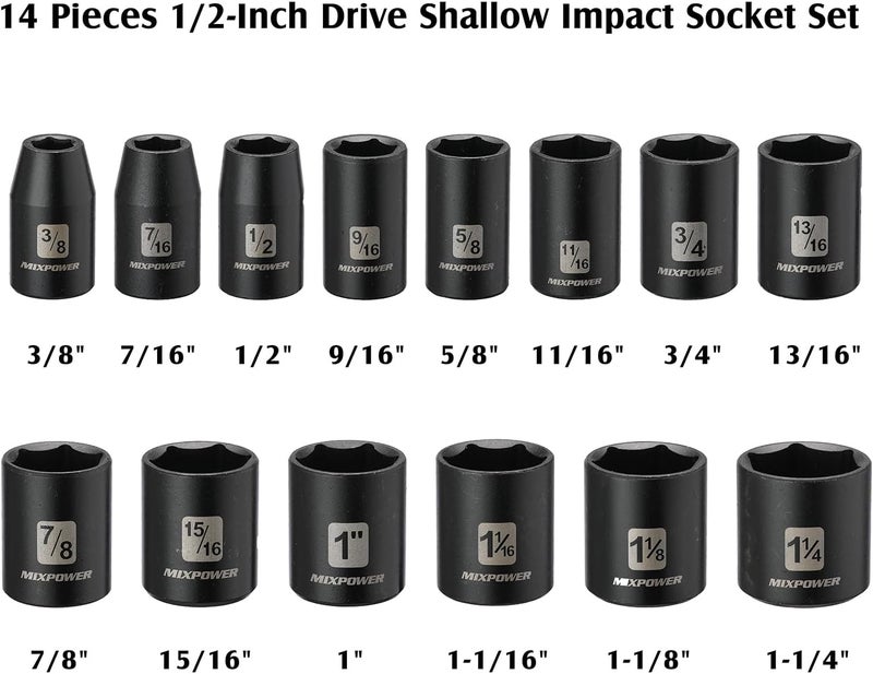MIXPOWER 14 Pieces 1/2-Inch Drive Shallow Impact Socket Set, 3/8-Inch to 1-1/4 Inch, CR-V, SAE, 6 Point, Shallow, 14 Pieces 1/2" Dr. Shallow Socket - Image 3