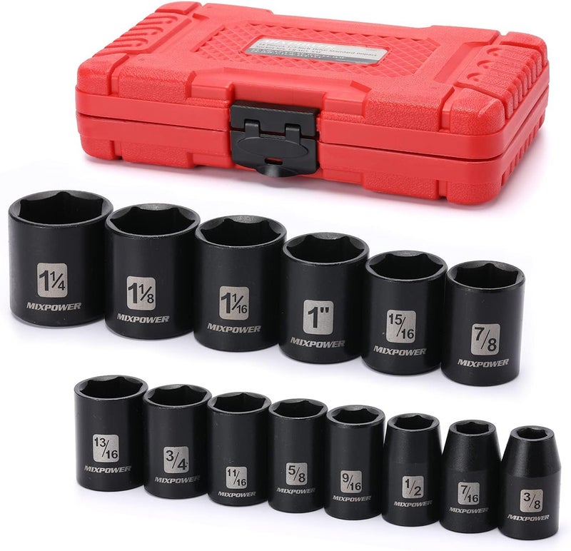 MIXPOWER 14 Pieces 1/2-Inch Drive Shallow Impact Socket Set, 3/8-Inch to 1-1/4 Inch, CR-V, SAE, 6 Point, Shallow, 14 Pieces 1/2" Dr. Shallow Socket - Image 2