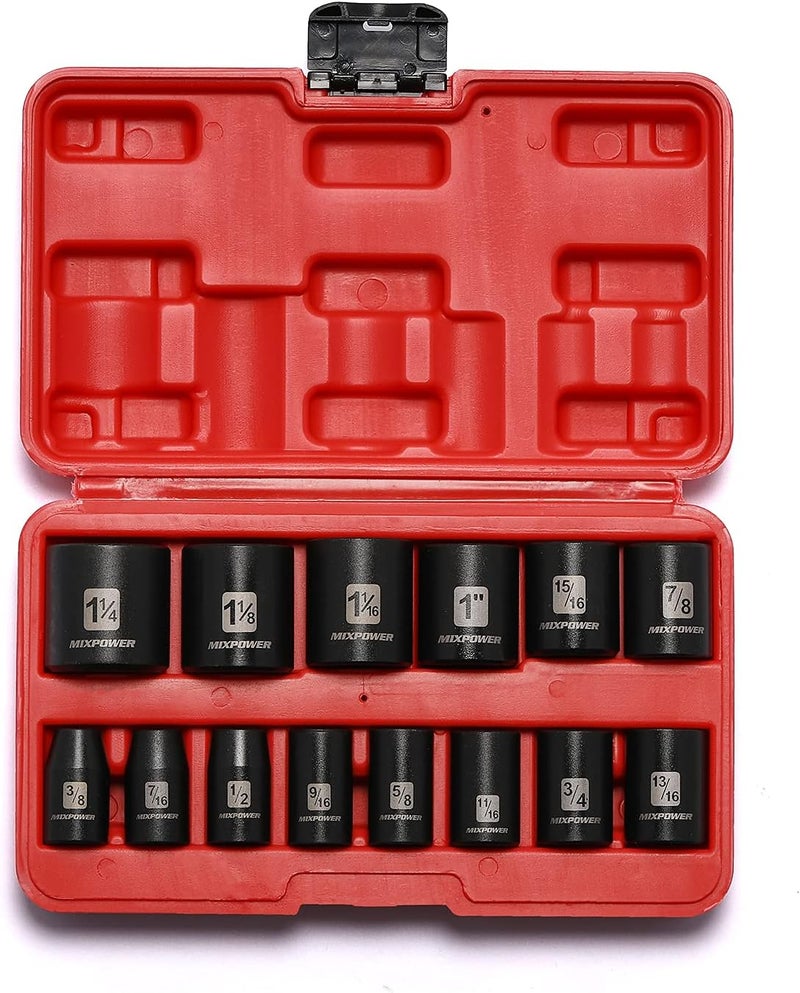 MIXPOWER 14 Pieces 1/2-Inch Drive Shallow Impact Socket Set, 3/8-Inch to 1-1/4 Inch, CR-V, SAE, 6 Point, Shallow, 14 Pieces 1/2" Dr. Shallow Socket - Image 1
