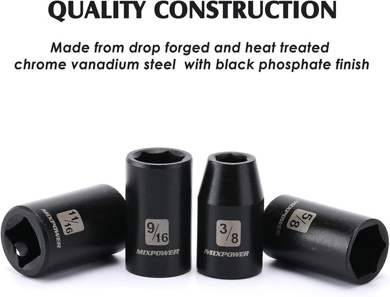 MIXPOWER 14 Pieces 1/2-Inch Drive Shallow Impact Socket Set, 3/8-Inch to 1-1/4 Inch, CR-V, SAE, 6 Point, Shallow, 14 Pieces 1/2" Dr. Shallow Socket - Image 5
