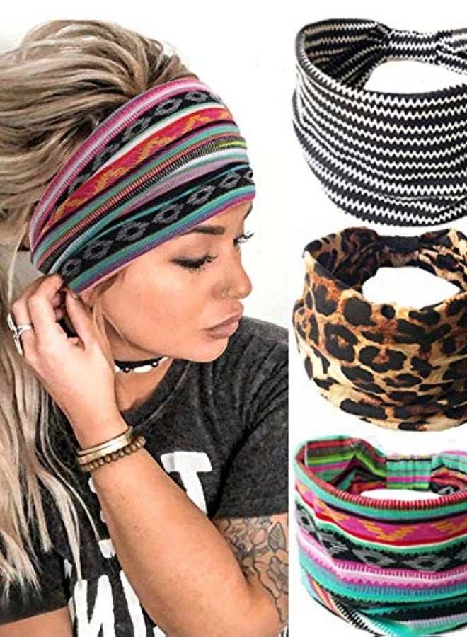 GORTIN Boho Headbands Leopard Hair Bands Knoted Turban Stretch Twist Head Wraps Stripe Cloth for Women and Girls 3 Pcs (Boho) - Image 1